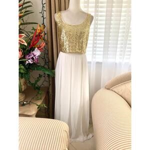 NEW B. Darlin Gold Sequin Top and White A-line Maxi Skirt Two Piece SET